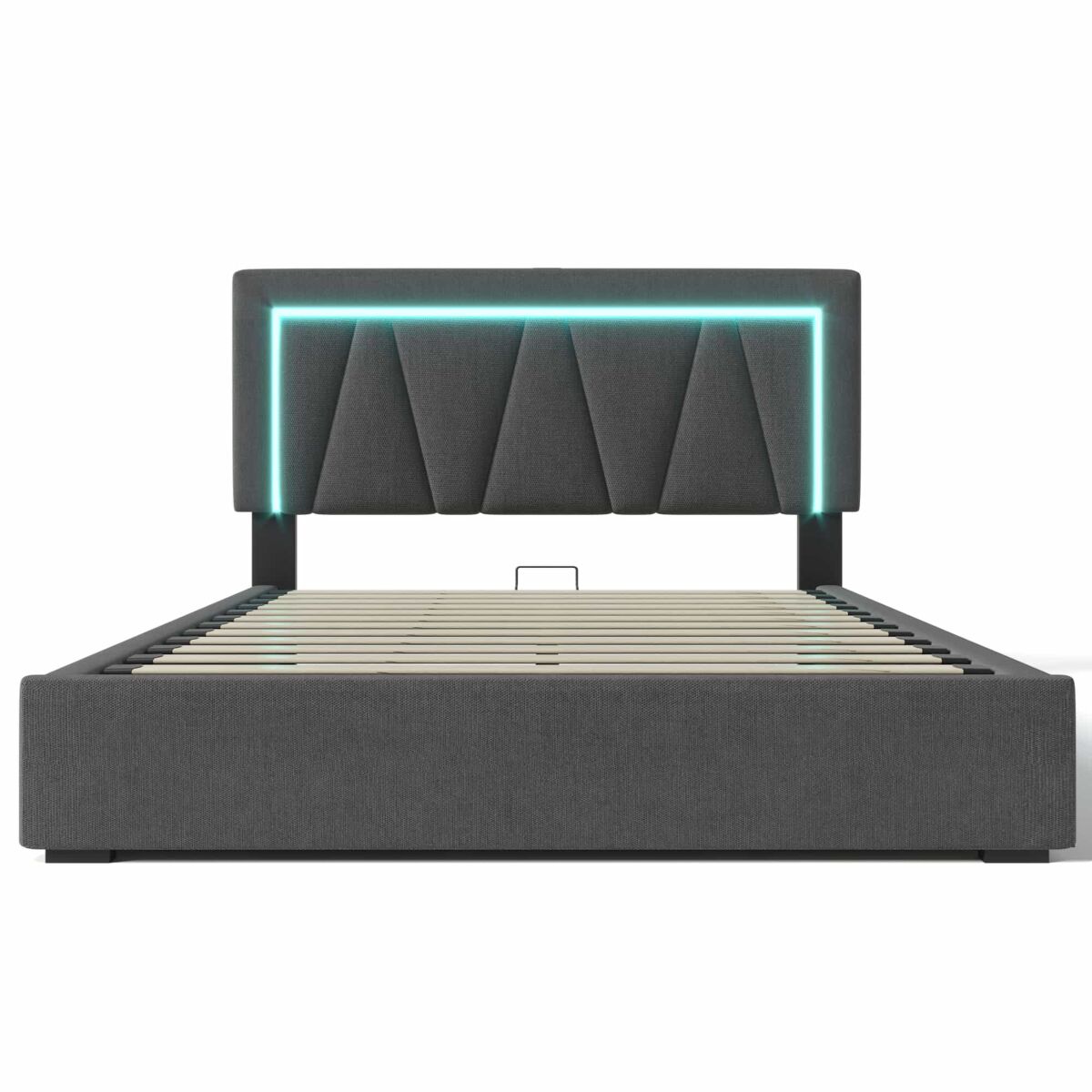 Cama contentora estofada 140x200cm com led e porta de carregamento usb e tipo c - tecido de linho - estrado de ripas - gris