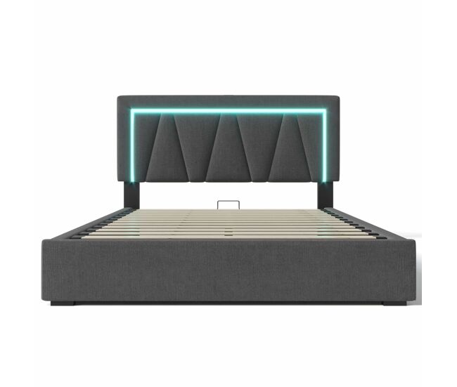 Cama contentora estofada 140x200cm com led e porta de carregamento usb e tipo c - tecido de linho - estrado de ripas - gris