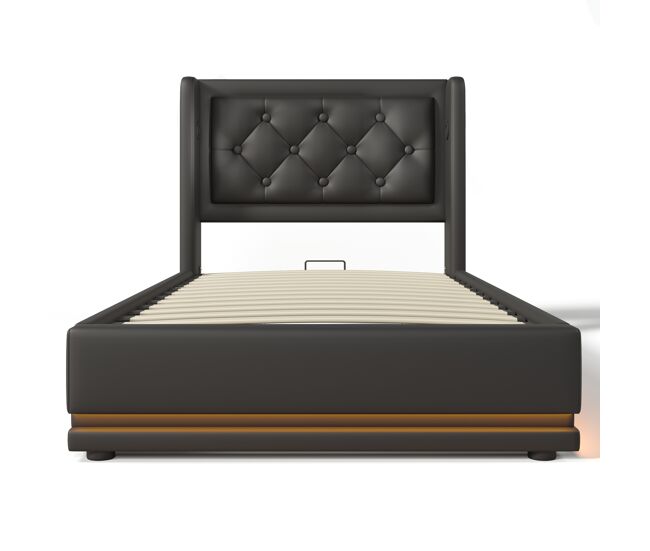 Sofá-cama estofado de 90 x 200 cm em imitação de pele - com função de carregamento e led ao pé da cama - noir
