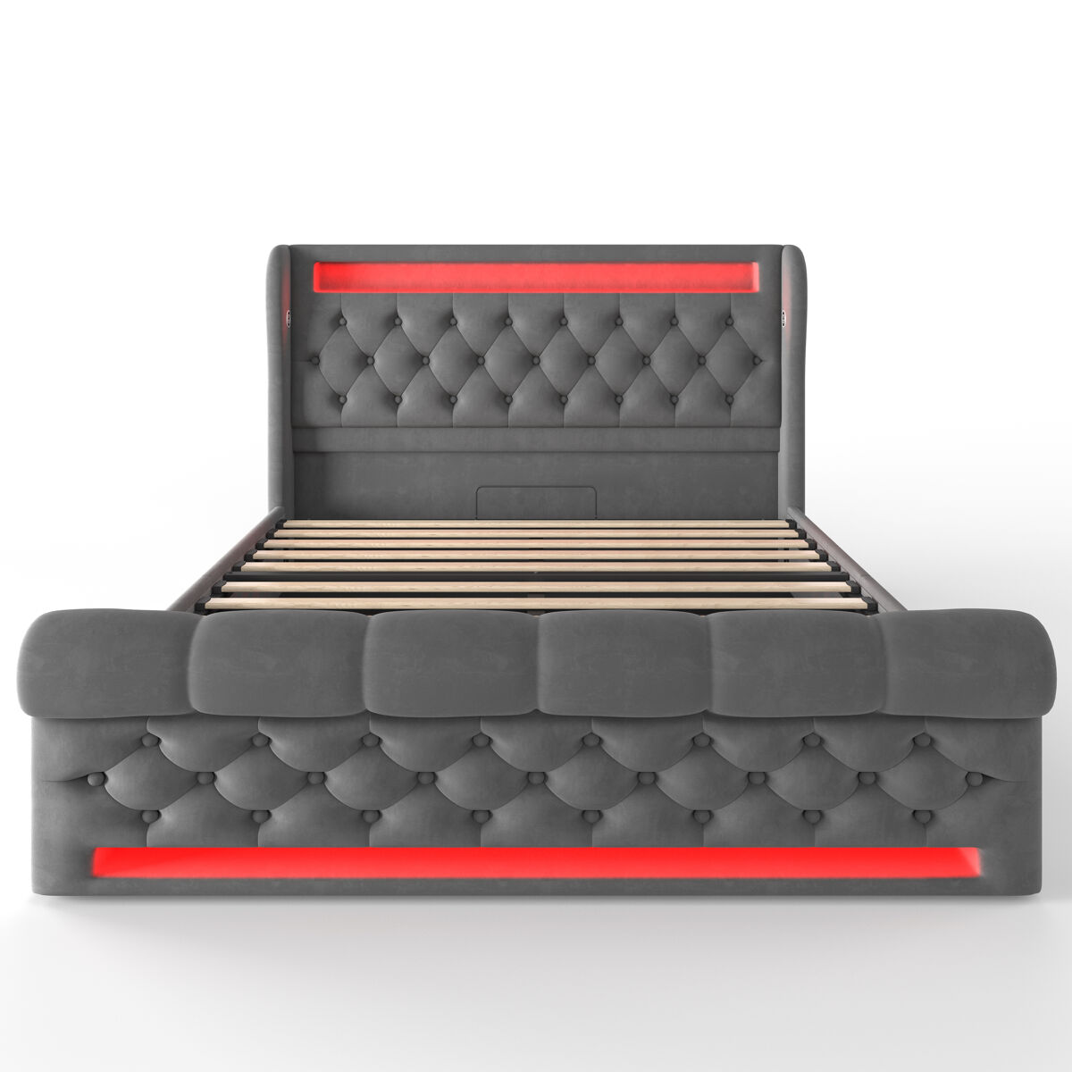 Cama estofada 160x200cm - com led, cabeceira com porta usb e type-c, cama hidráulica - gris