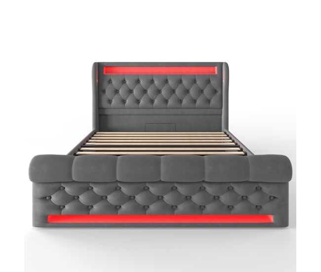 Cama estofada 160x200cm - com led, cabeceira com porta usb e type-c, cama hidráulica - gris