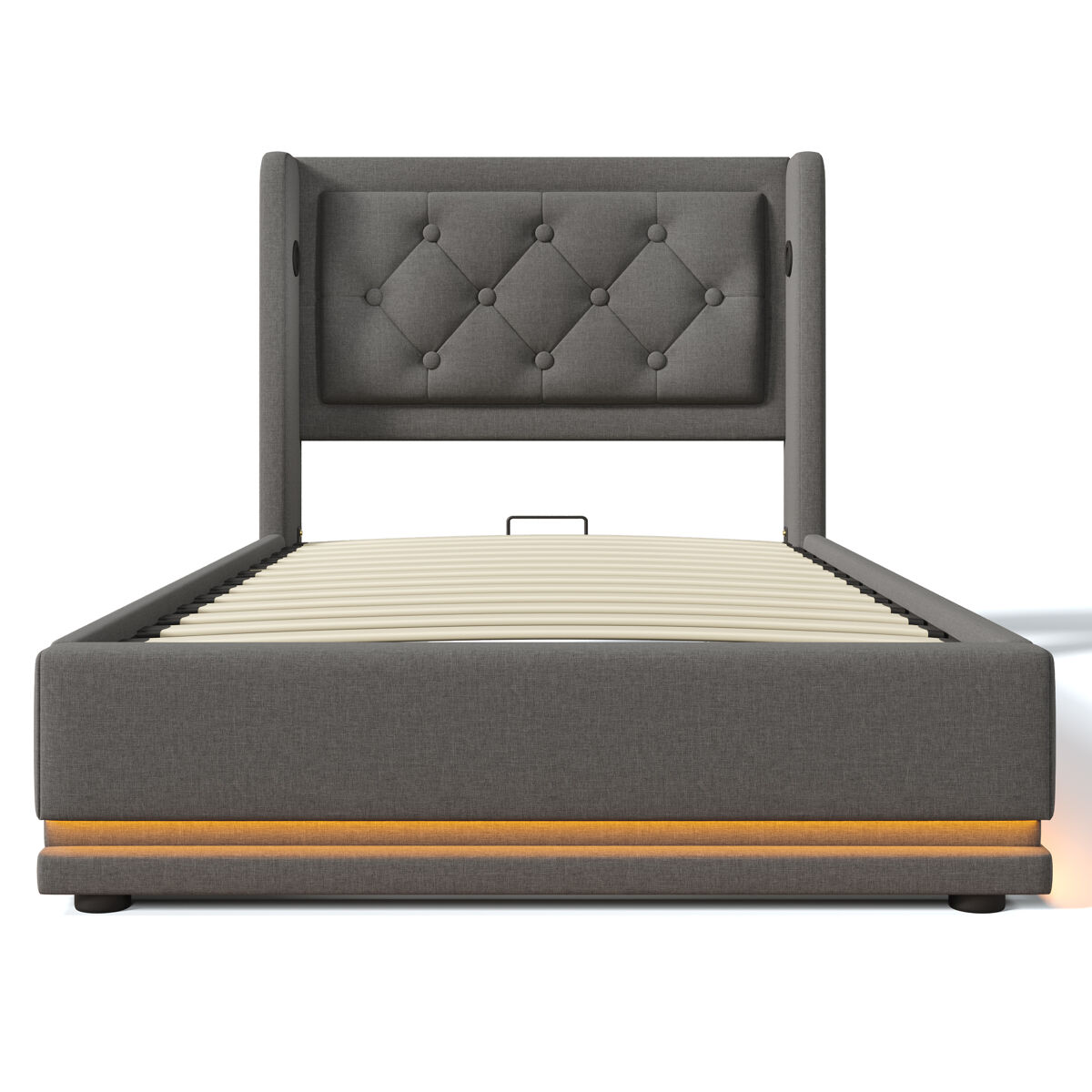 Cama individual estofada 90*200 cm - armazenamento hidráulico, cabeceira acolchoada com usb e led em 3 lados - cinza
