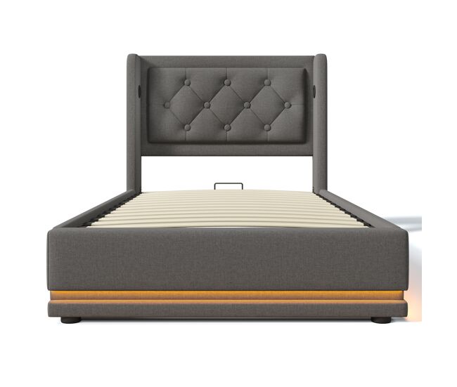 Cama individual estofada 90*200 cm - armazenamento hidráulico, cabeceira acolchoada com usb e led em 3 lados - cinza