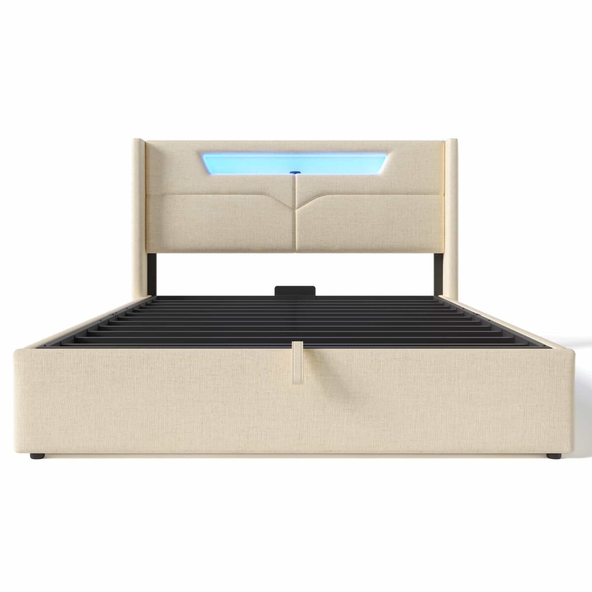 Cama contentora 140x200cm estofada em linho - com leds e portas de carregamento - com estrado de molas - bege