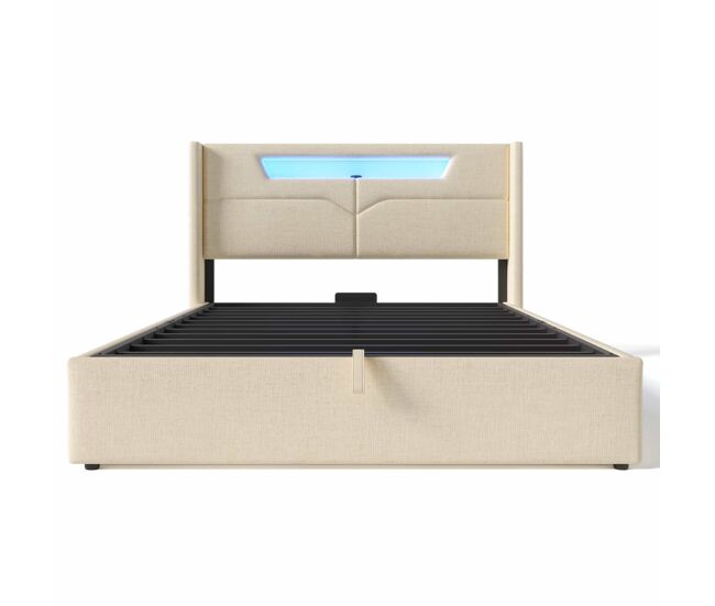 Cama contentora 140x200cm estofada em linho - com leds e portas de carregamento - com estrado de molas - bege