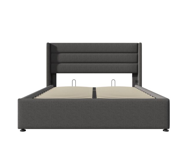 Cama de arrumação em linho com estrado de ripas - 140x200cm - cinzento