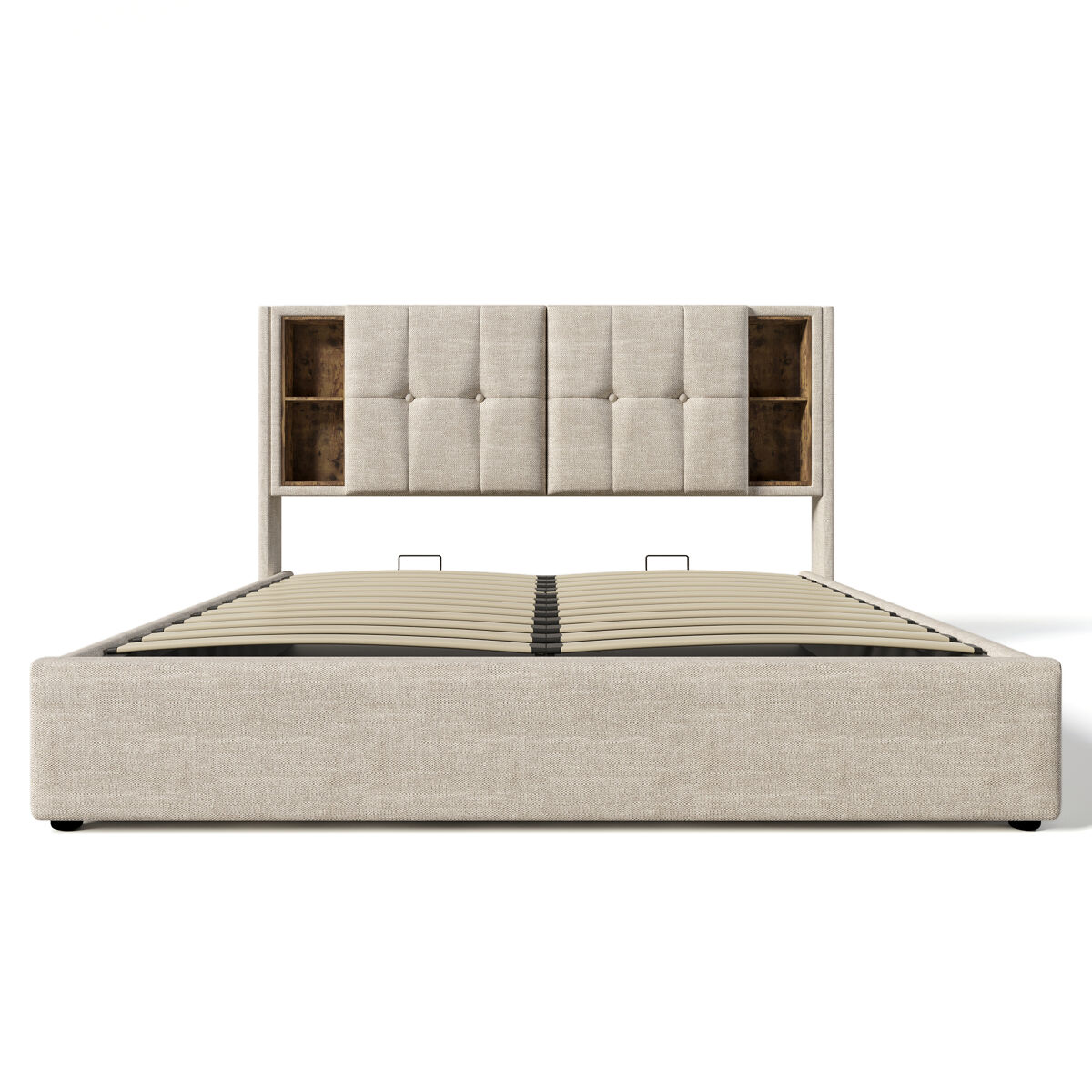 Cama de casal 160x200cm - cama estofada com carregamento sans fil usb c, base com arrumação, estrado de madeira - natural