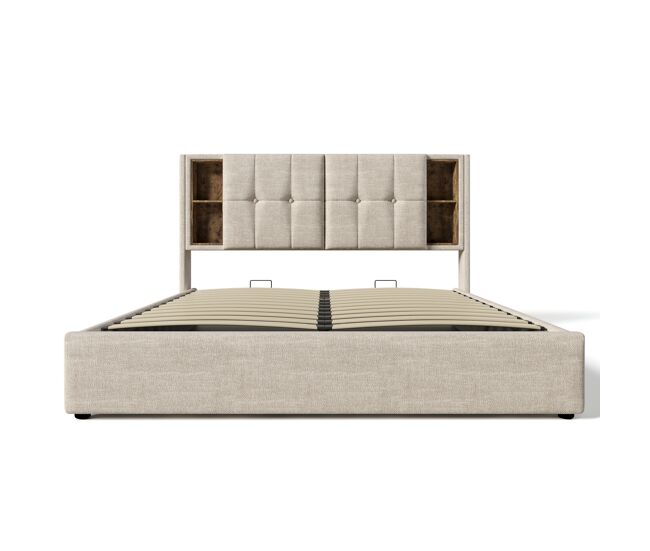 Cama de casal 160x200cm - cama estofada com carregamento sans fil usb c, base com arrumação, estrado de madeira - natural
