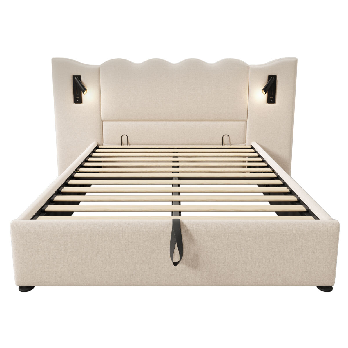 Cama estofada 160x200 com candeeiro de leitura, porta usb-c e espaço de arrumação - bege