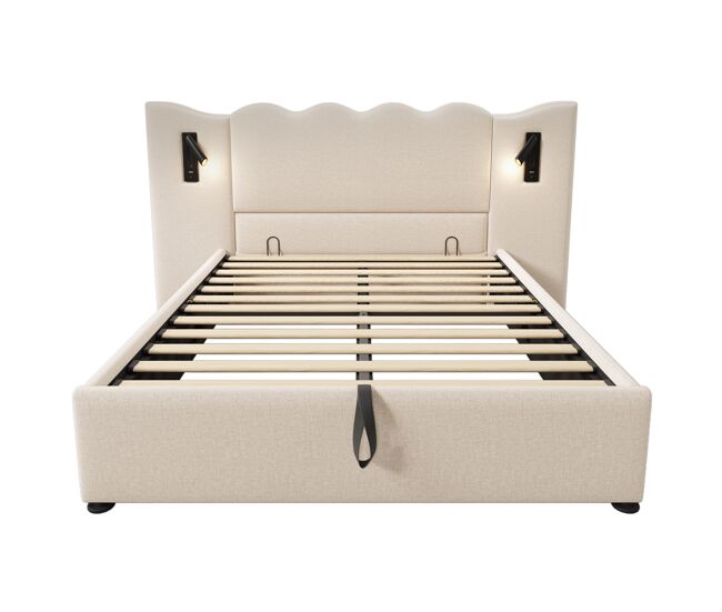 Cama estofada 160x200 com candeeiro de leitura, porta usb-c e espaço de arrumação - bege