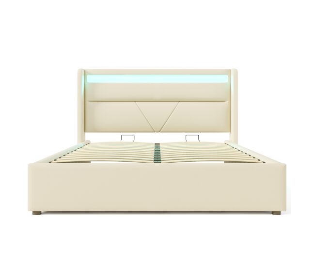 Cama estofada 140x200 - cama funcional com iluminação led e base hidráulica - blanc