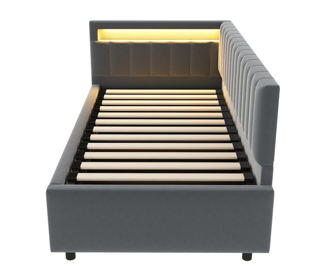 Sofá-cama 90x200 - com led, armazenamento hidráulico, design com riscas verticais, cabeceiras laterais ajustáveis, estrado, veludo - cinza