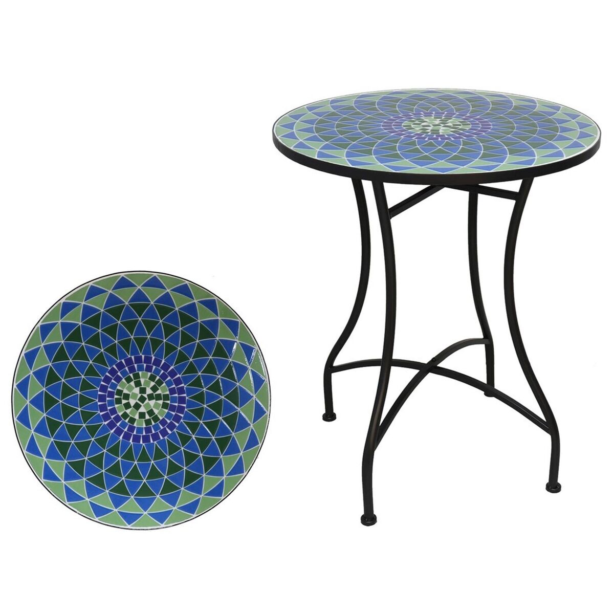 Well home mesa de jardim redonda em mosaico cerâmico basil ø60x71cm com tampo decorativo e estrutura metálica preta