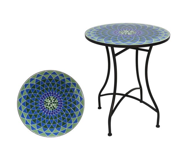 Well home mesa de jardim redonda em mosaico cerâmico basil ø60x71cm com tampo decorativo e estrutura metálica preta