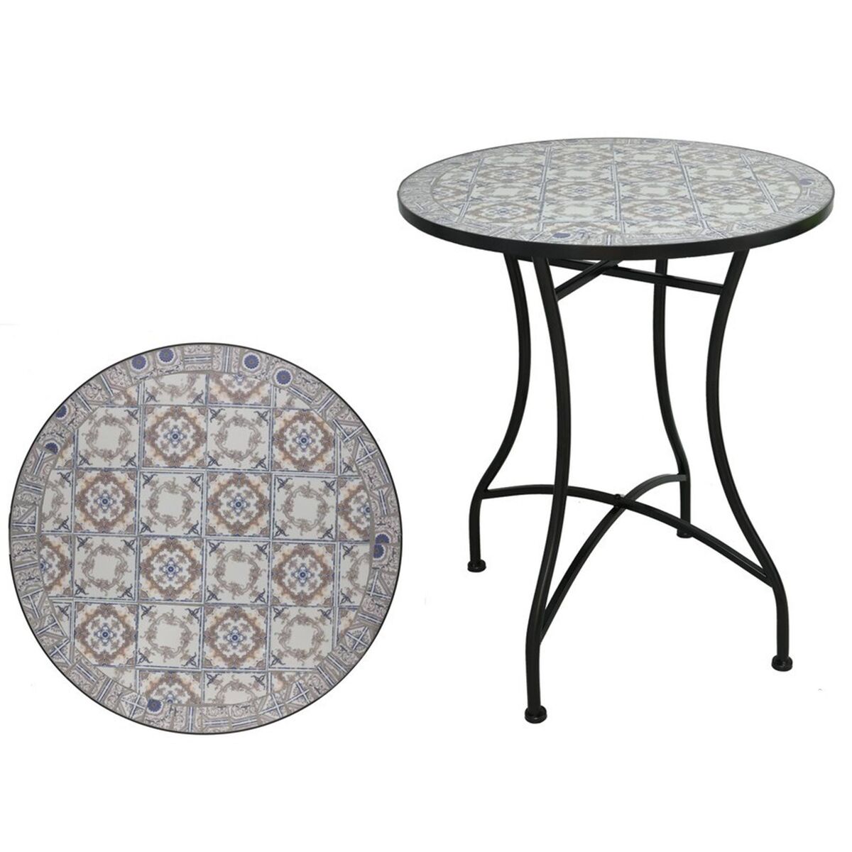 Well home mesa de jardim redonda em mosaico cerâmico berliner ø60x71cm com tampo decorativo e estrutura metálica preta
