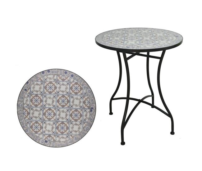 Well home mesa de jardim redonda em mosaico cerâmico berliner ø60x71cm com tampo decorativo e estrutura metálica preta