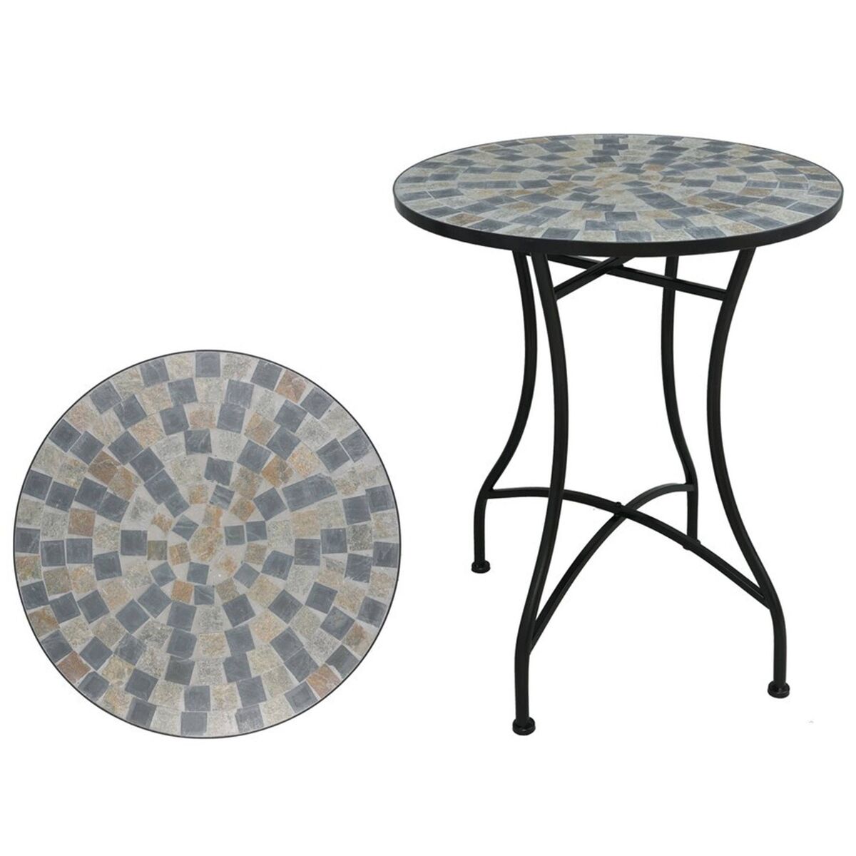 Well home mesa de jardim redonda em mosaico cerâmico petersbourg ø60x71cm com tampo decorativo e estrutura metálica preta