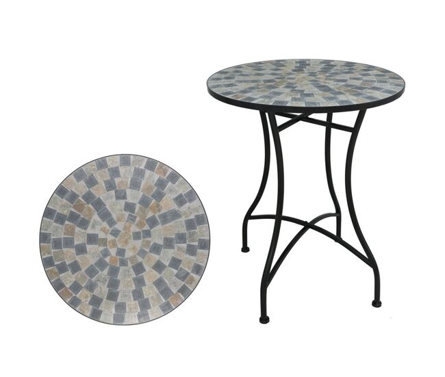 Well home mesa de jardim redonda em mosaico cerâmico petersbourg ø60x71cm com tampo decorativo e estrutura metálica preta