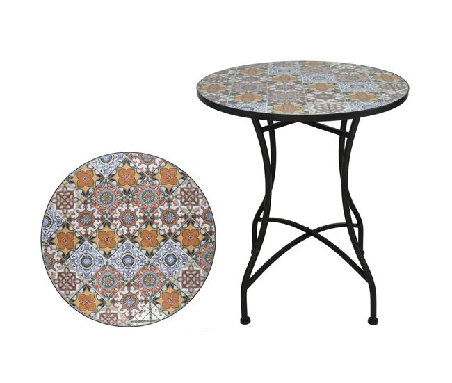 Well home mesa de jardim redonda em mosaico cerâmico notre dame ø60x71cm com tampo decorativo e estrutura metálica preta