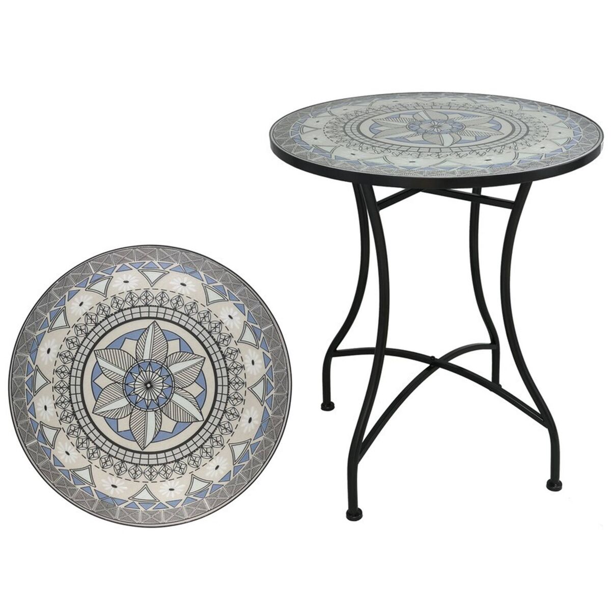 Well home mesa de jardim redonda em mosaico cerâmico santiago ø60x71cm com tampo decorativo e estrutura metálica preta