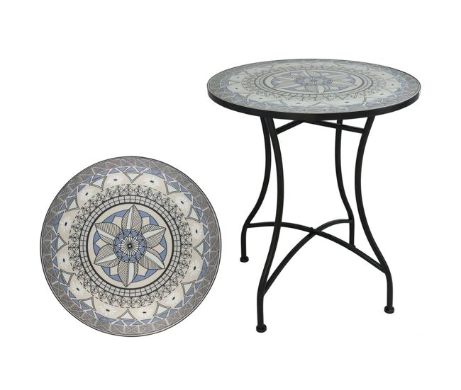 Well home mesa de jardim redonda em mosaico cerâmico santiago ø60x71cm com tampo decorativo e estrutura metálica preta