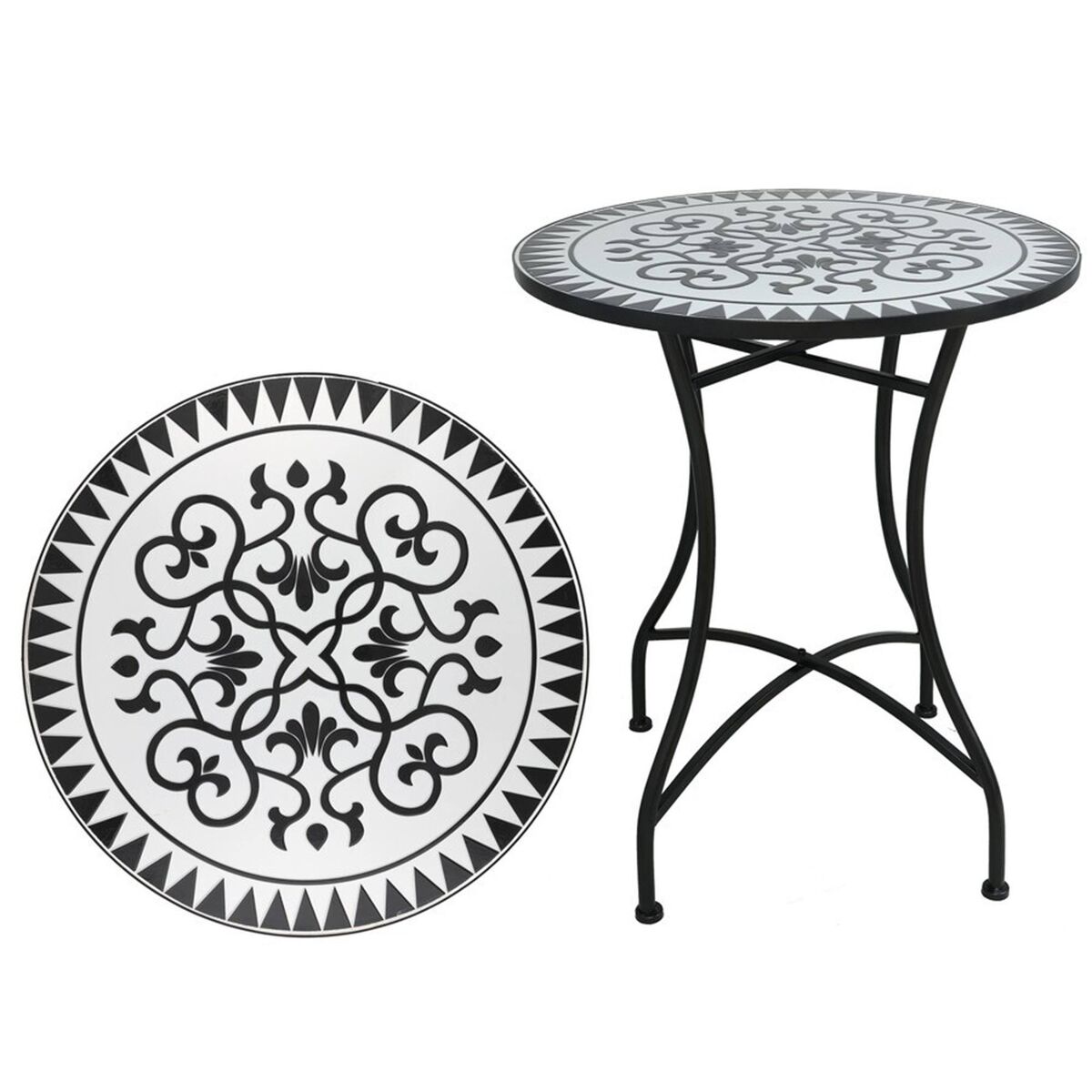 Well home mesa de jardim redonda em mosaico cerâmico louis ø60x71cm com tampo decorativo e estrutura metálica preta