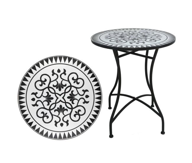 Well home mesa de jardim redonda em mosaico cerâmico louis ø60x71cm com tampo decorativo e estrutura metálica preta
