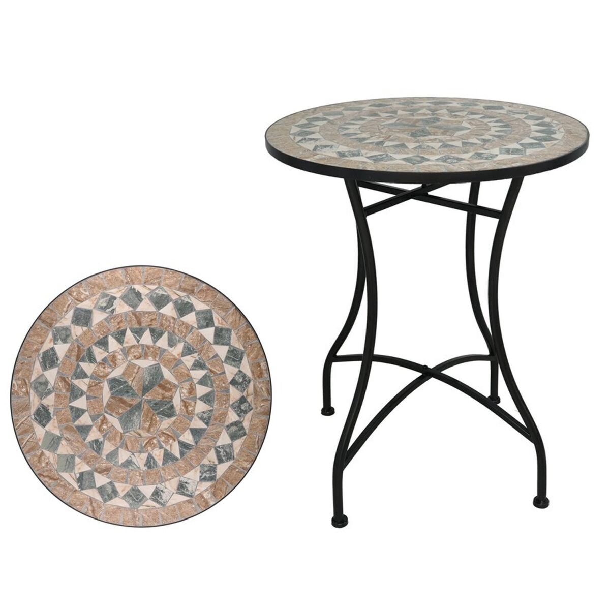 Well home mesa de jardim redonda em mosaico cerâmico patrik ø60x71cm com tampo decorativo e estrutura metálica preta