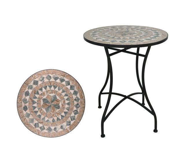 Well home mesa de jardim redonda em mosaico cerâmico patrik ø60x71cm com tampo decorativo e estrutura metálica preta