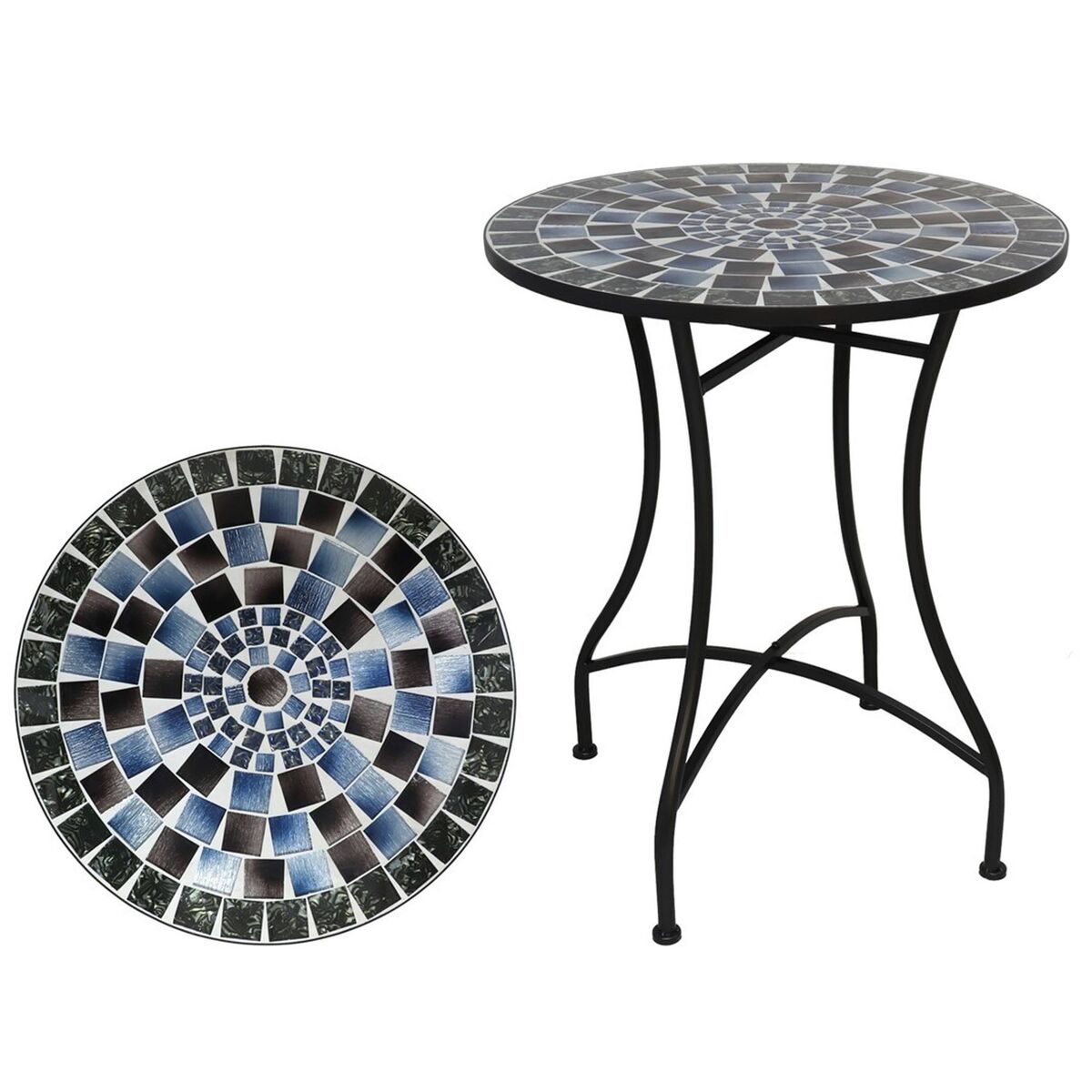 Well home mesa de jardim redonda em mosaico kölner ø60x71cm com tampo decorativo em vidro e estrutura metálica preta