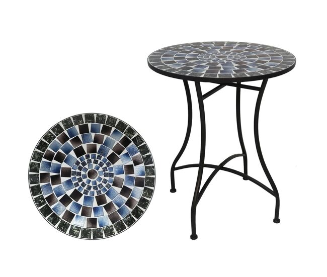 Well home mesa de jardim redonda em mosaico kölner ø60x71cm com tampo decorativo em vidro e estrutura metálica preta