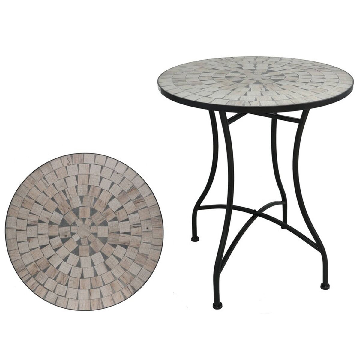 Well home mesa de jardim redonda em mosaico cerâmico canterbury ø60x71cm com tampo decorativo e estrutura metálica preta