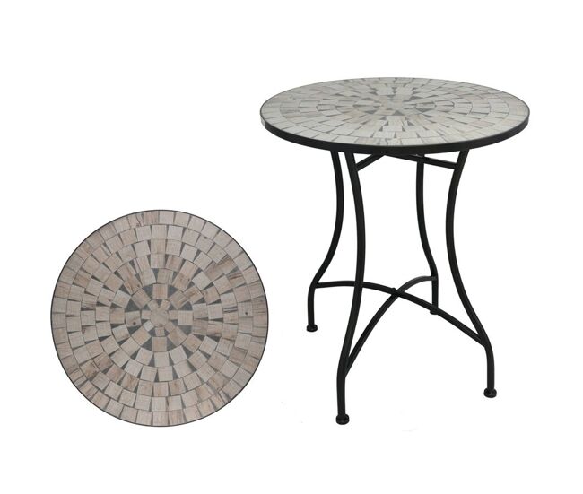Well home mesa de jardim redonda em mosaico cerâmico canterbury ø60x71cm com tampo decorativo e estrutura metálica preta