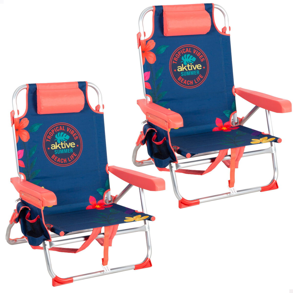 Pack 2 cadeiras de praia médias multiposições 50x54x80 cm com estampa floral multicolorida e bolsos