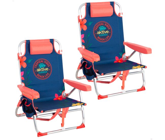 Pack 2 cadeiras de praia médias multiposições 50x54x80 cm com estampa floral multicolorida e bolsos