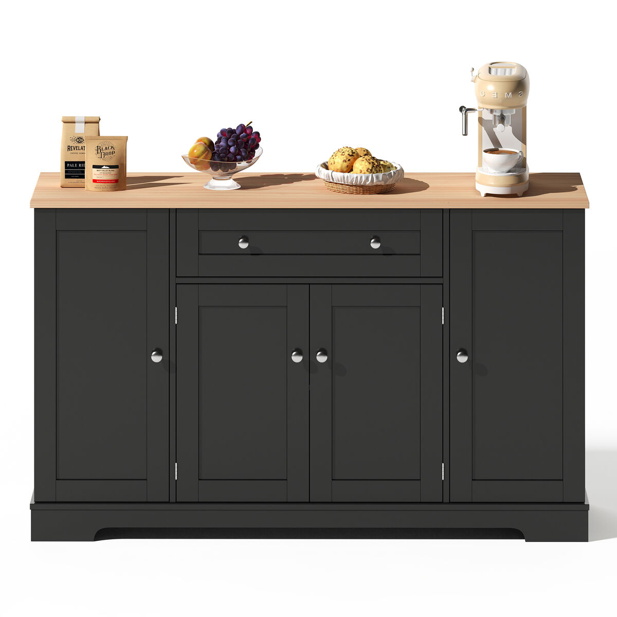 Aparador rústico para cozinha e sala de jantar móvel auxiliar de madeira mdf buffet de arrumação com 4 portas étagères ajustáveis e 1 gaveta grande 138cm noir