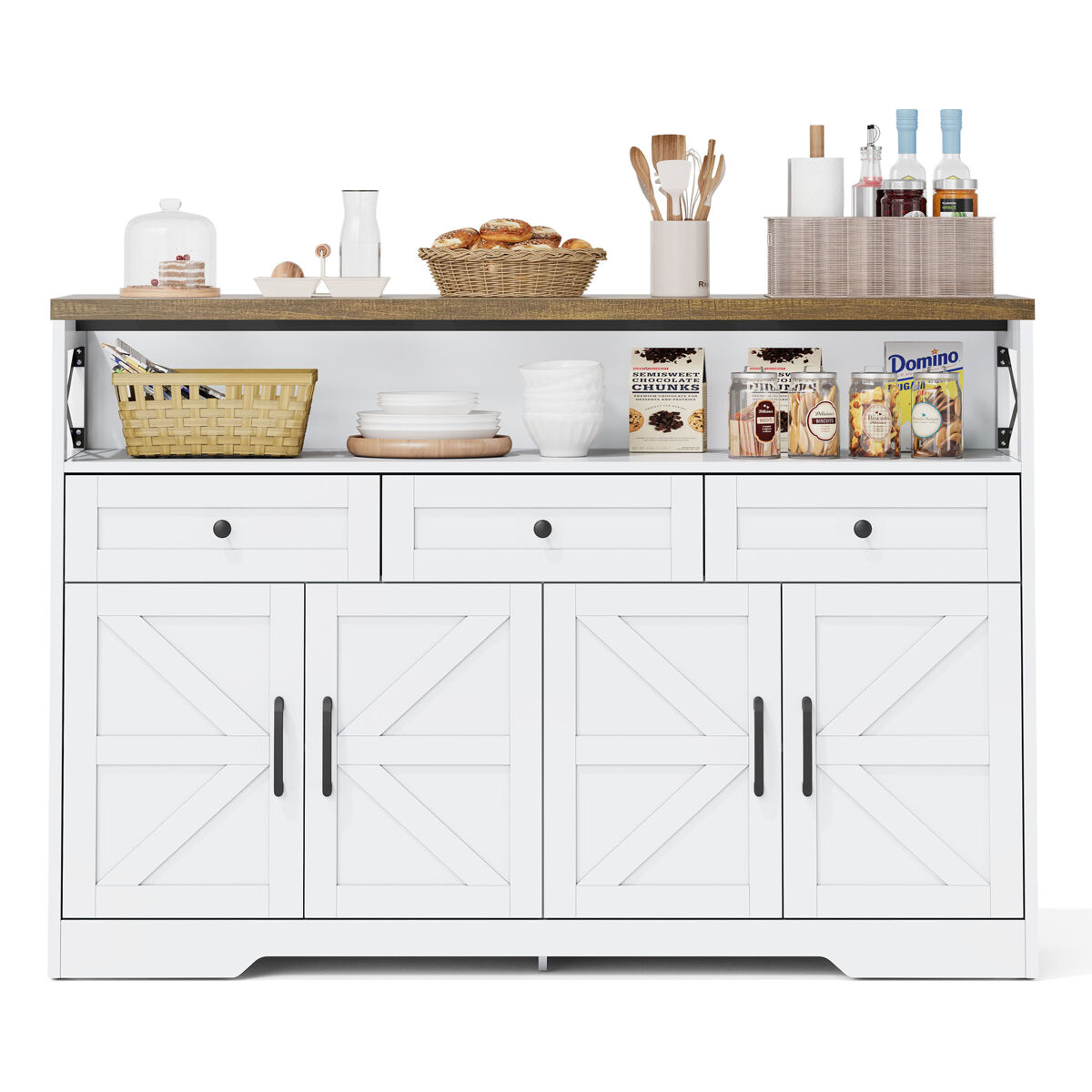 Aparador rústico para cozinha e sala de jantar móvel auxiliar de madeira mdf buffet café com 4 portas decorativas x compartimento aberto e 3 gavetas