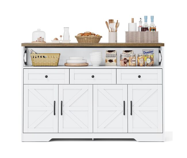Aparador rústico para cozinha e sala de jantar móvel auxiliar de madeira mdf buffet café com 4 portas decorativas x compartimento aberto e 3 gavetas