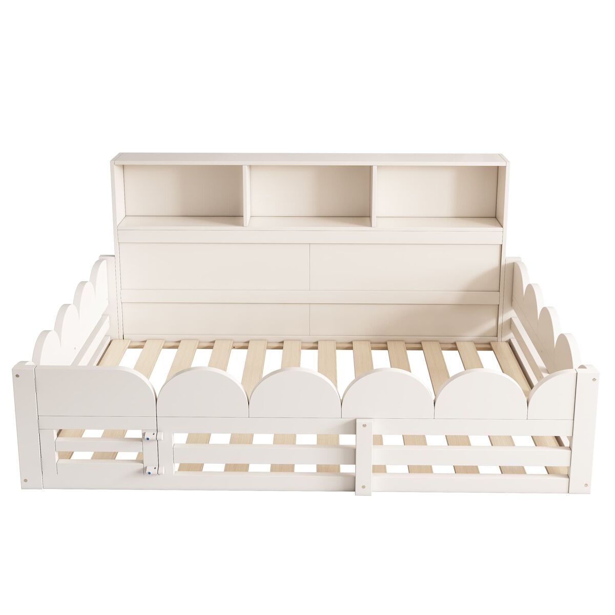 Cama infantil 140x190 - com grades e porta, com prateleira, área de brincar segura - branco