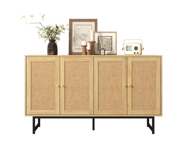 Aparador natureza para sala e cozinha móvel auxiliar buffet com 4 portas de rotim natural étagères ajustáveis e pés de metal noir 140x39.5x80cm madeira