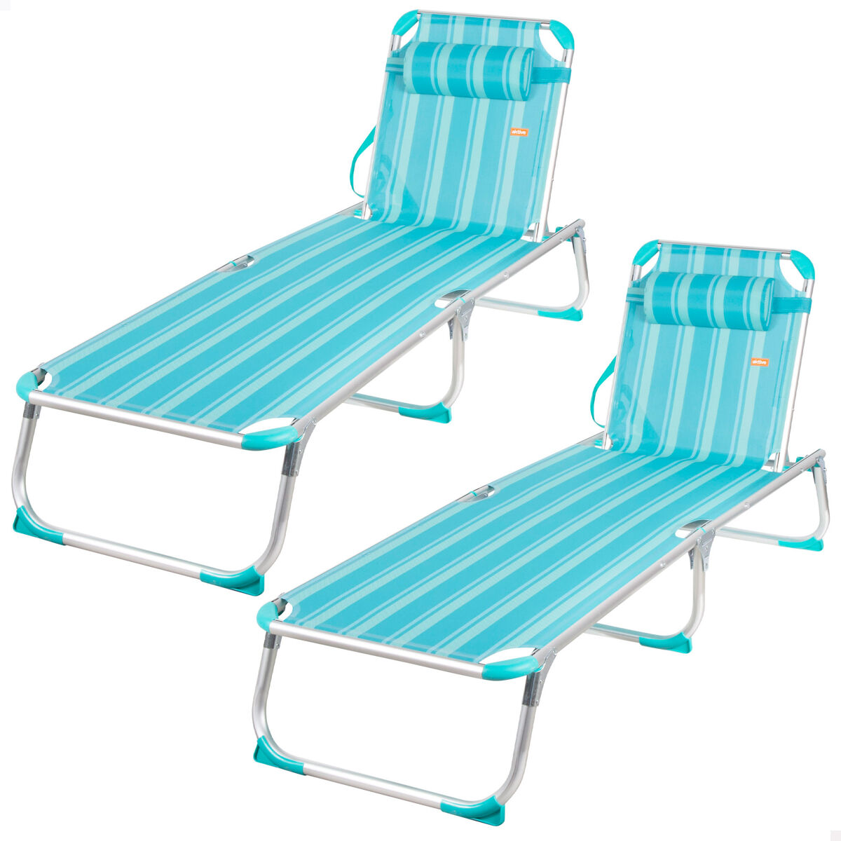 Conjunto de 2 espreguiçadeiras de praia multiposições, 186x49x30 cm, listradas em turquesa, com almofada