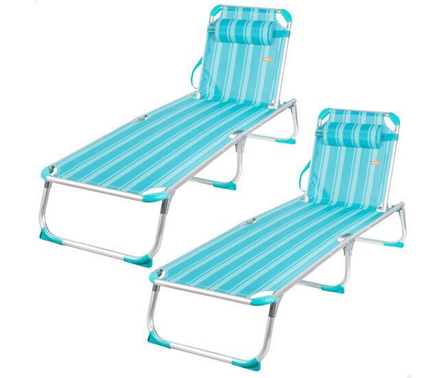 Conjunto de 2 espreguiçadeiras de praia multiposições, 186x49x30 cm, listradas em turquesa, com almofada
