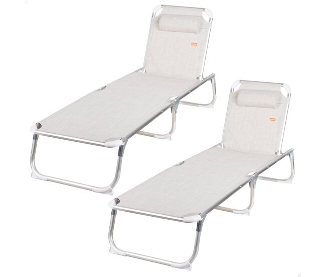 Pack 2 espreguiçadeiras de praia multiposições 186x49x30 cm bege com almofada