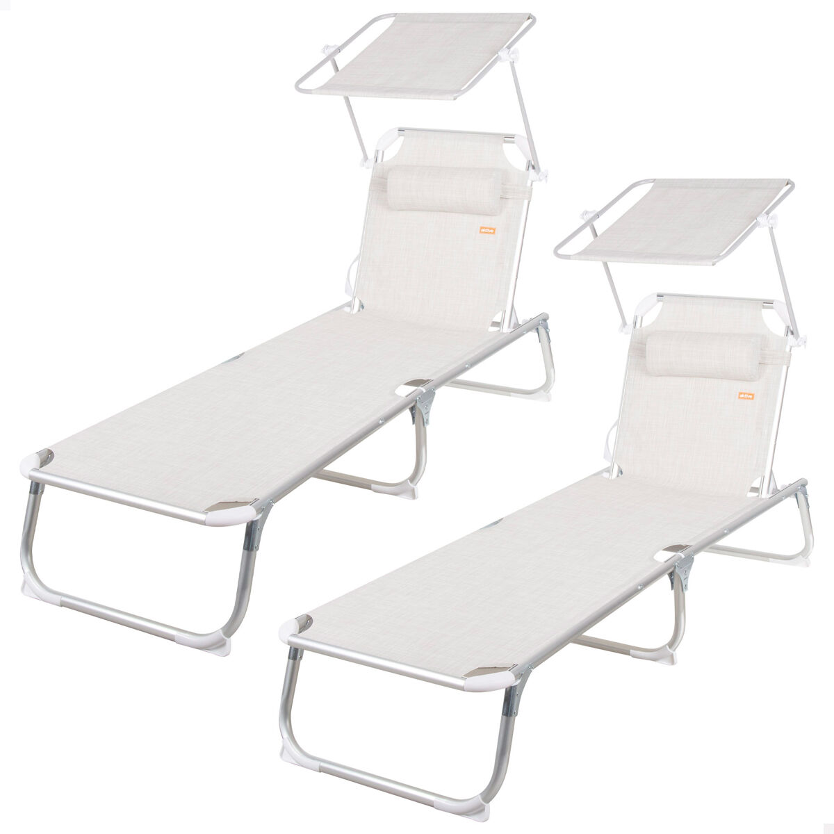 Pack 2 espreguiçadeiras de praia multiposições 186x49x30 cm bege com guarda-sol e almofada