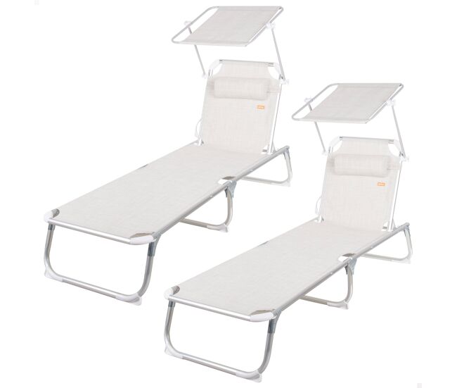 Pack 2 espreguiçadeiras de praia multiposições 186x49x30 cm bege com guarda-sol e almofada