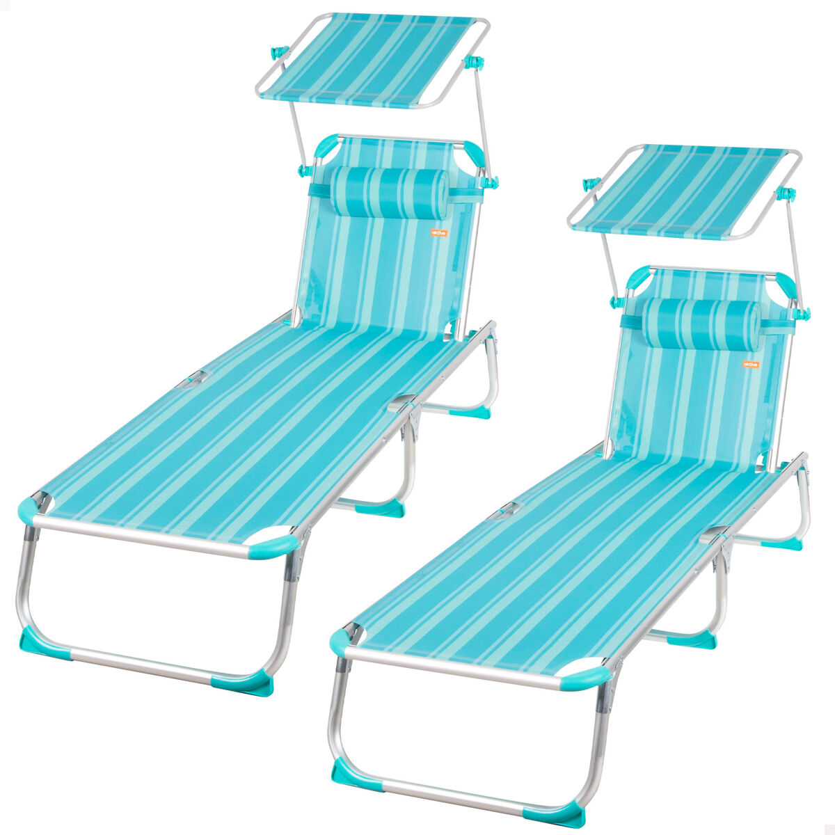 Pack 2 espreguiçadeiras de praia multiposições 186x49x30 cm listradas turquesa com guarda-sol e almofada