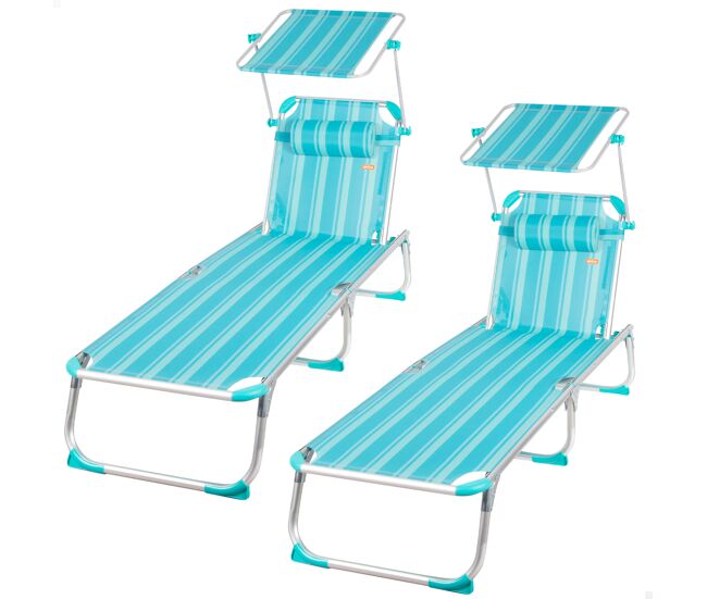 Pack 2 espreguiçadeiras de praia multiposições 186x49x30 cm listradas turquesa com guarda-sol e almofada