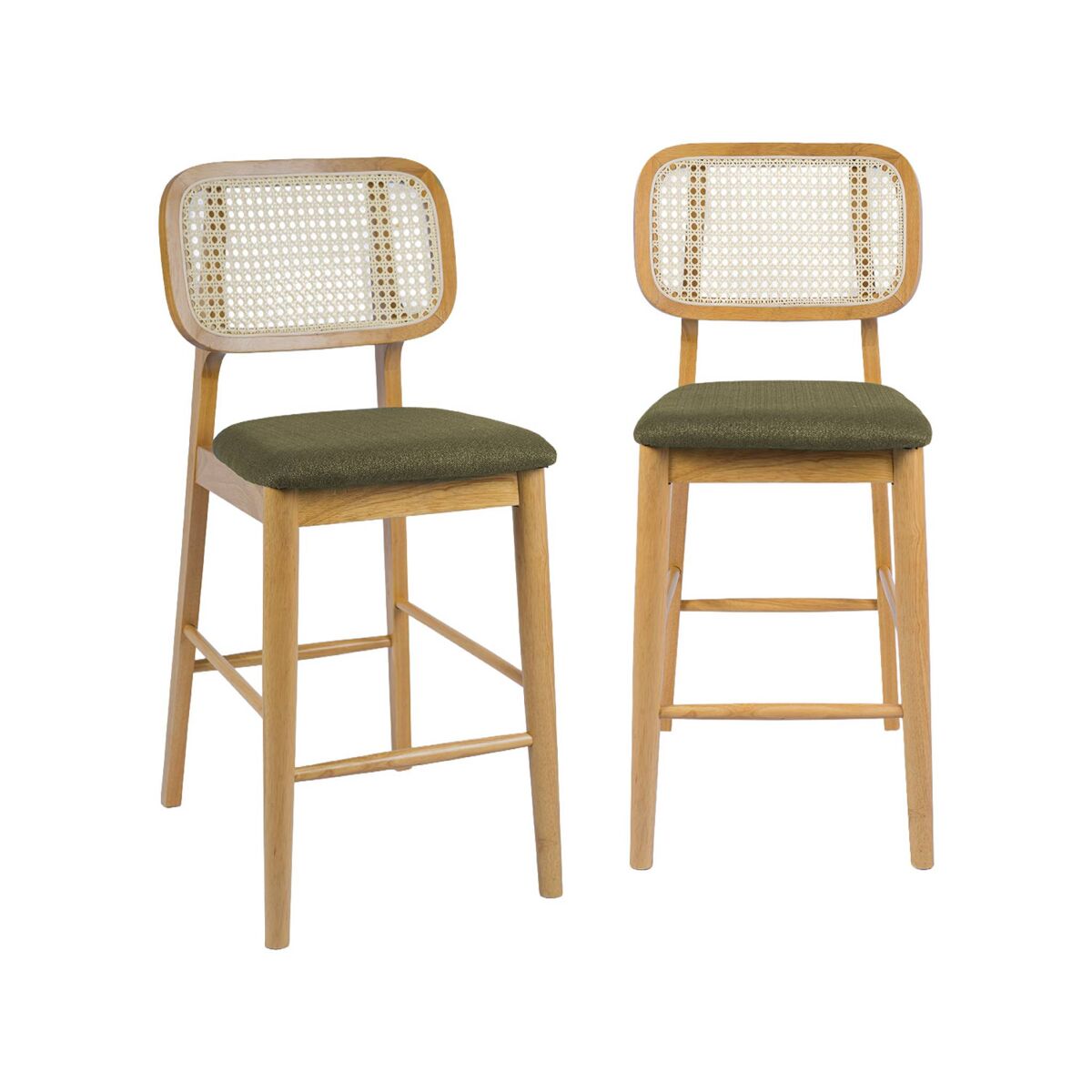 Bancos de bar vintage em madeira de seringueira com palhinha e tecido, set de 2, mani, natural, 44x59x98.5 cm