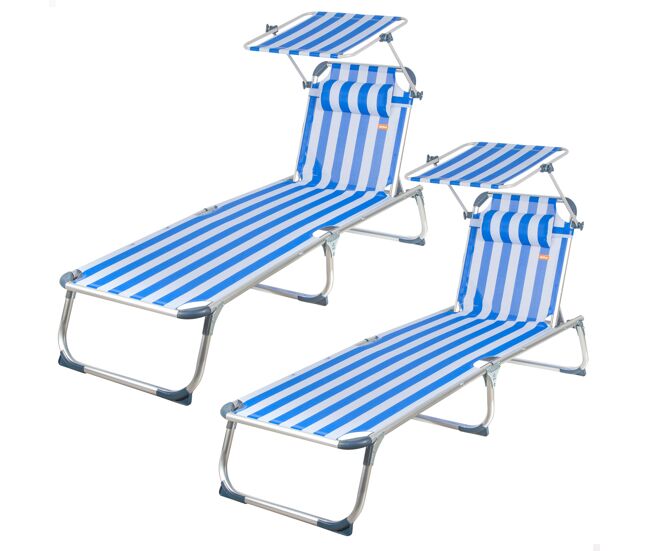 Pack 2 espreguiçadeiras de praia multiposições 186x49x30 cm estilo náutico com guarda-sol e almofada