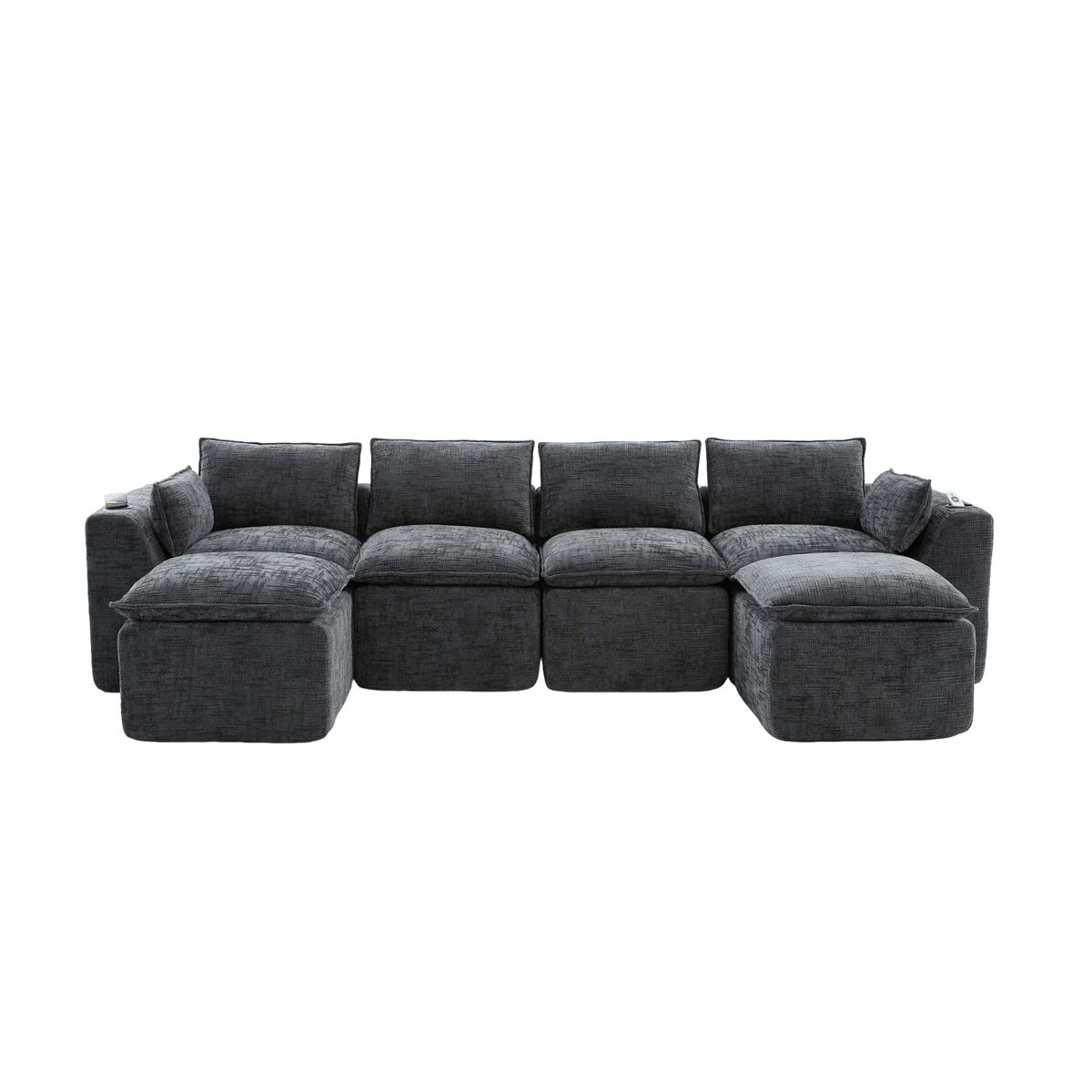 Sofá modular de 4 lugares - 2 apoios para os pés, porta-copos, bolsos laterais, espuma + molas, chenille cinzenta - cinzento escuro